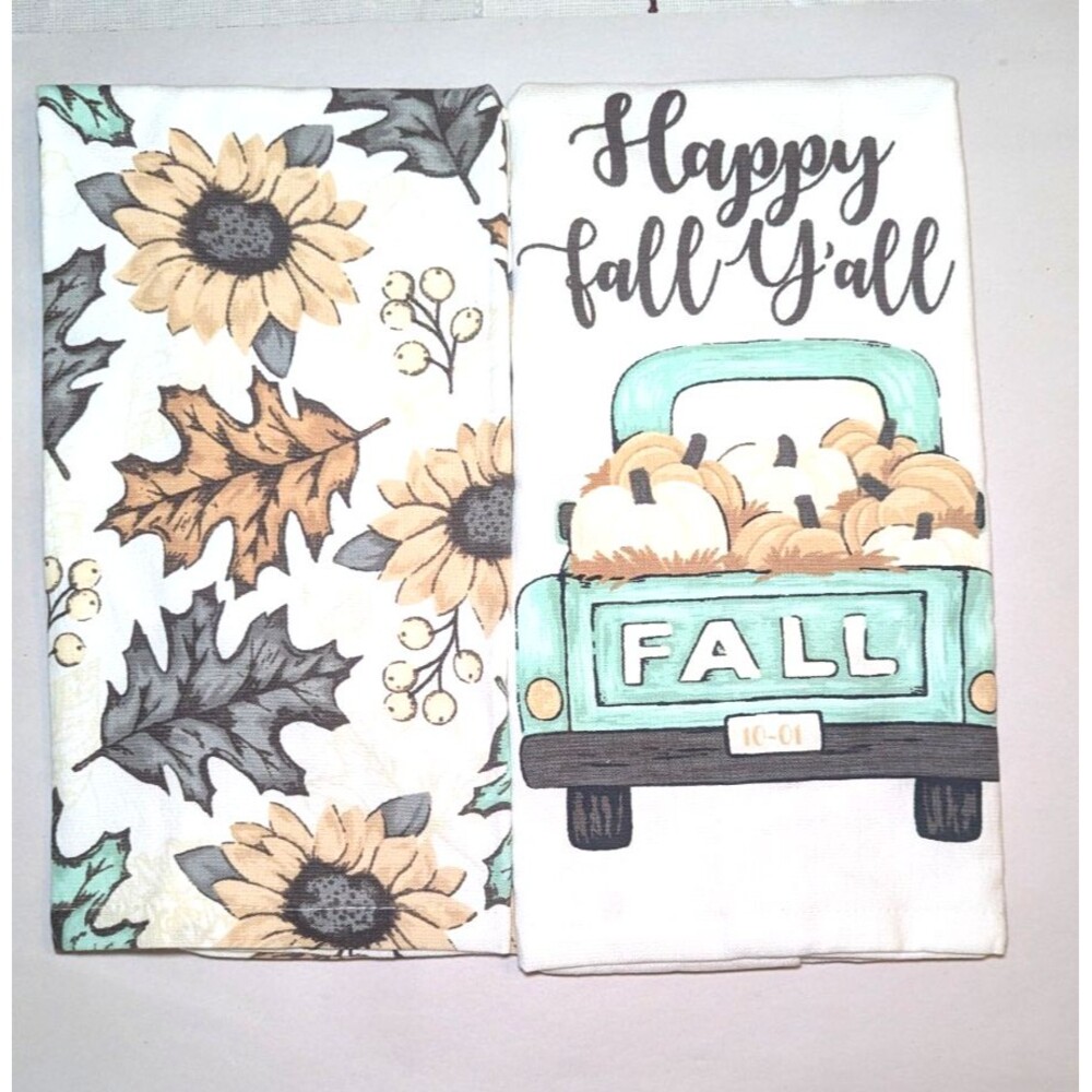 Happy Fall Y'all 2-pc Kitchen Towels Pumpkins Fall Leaves Blue Vintage Truck NEW